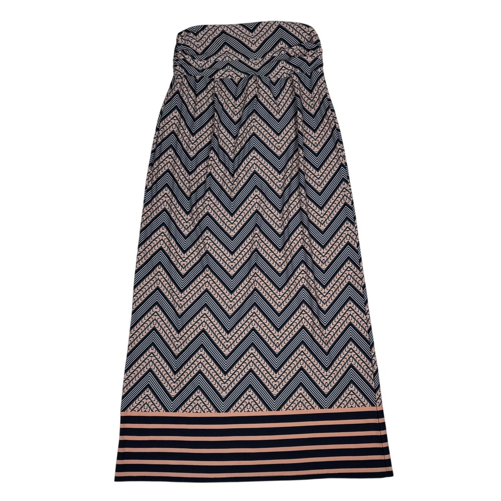 New Directions Maxi Skirt Womens L Coral Navy Chevron Ruched Stretch Boho